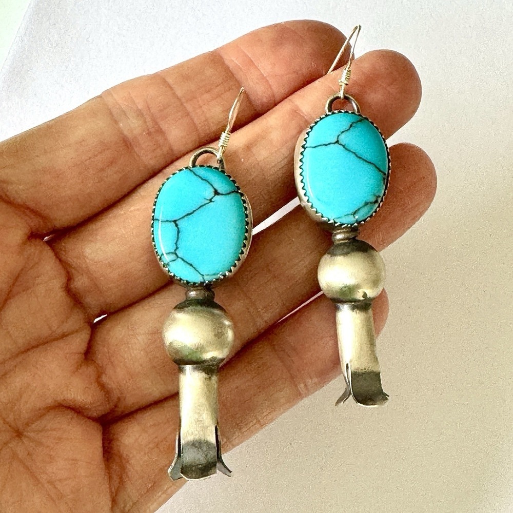 Navajo Squash Blossom Turquoise Earrings 925 Matte Hook Naja Signed T3